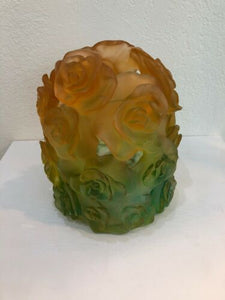 DAUM Pate De Verre Glass Green And Orange Candle Holder Rose Numbered Edition
