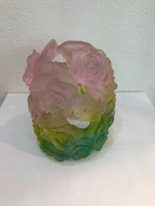 DAUM Pate De Verre Glass Green And Pink Candle Holder Rose Numbered Edition