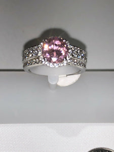 Sterling Silver Unique Zirconia Pink Tone Ring Rhodium Size 7