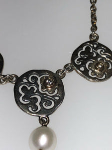 Authentic Vintage Pandora Pendant Necklace 14k Gold 16.5-17.5” Pearl Diamond