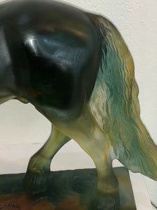 DAUM France Pate De Verre Tulip Art Glass Hadrien Limited Mare Horse Amber Green