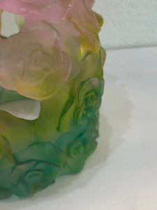 DAUM Pate De Verre Glass Green And Pink Candle Holder Rose Numbered Edition