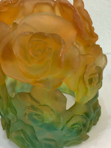 DAUM Pate De Verre Glass Green And Orange Candle Holder Rose Numbered Edition