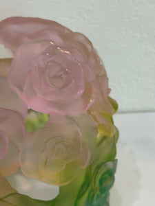 DAUM Pate De Verre Glass Green And Pink Candle Holder Rose Numbered Edition