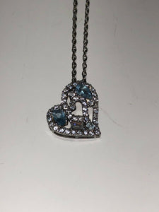 Sterling Silver Unique Zirconia Zircon Blue Heart Rhodium Pendant With Chain