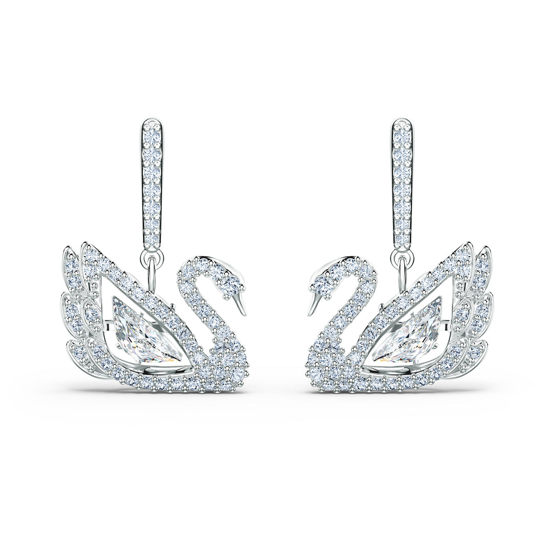 Dancing Swan Pierced Earrings, White, Rhodium plated 5514420