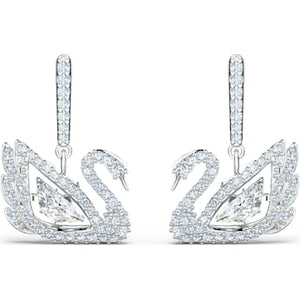 Dancing Swan Pierced Earrings, White, Rhodium plated