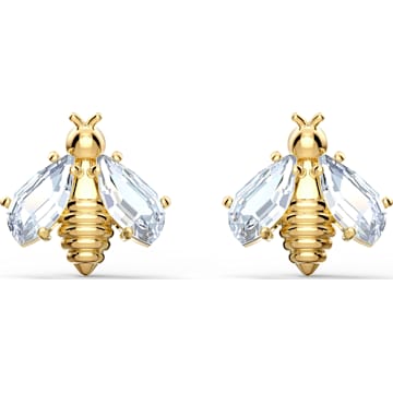 Eternal Flower Bee Pierced Earrings, White, Gold-tone plated