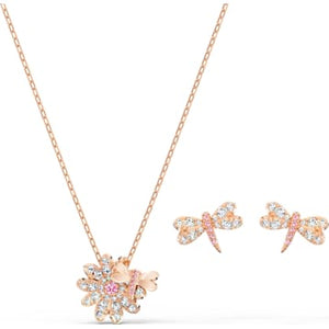 Eternal Flower Dragonfly Set, Pink, Rose-gold tone plated