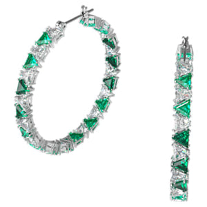 Millenia Hoop Earrings, Triangle Swarovski Zirconia, Green, Rhodium Plated