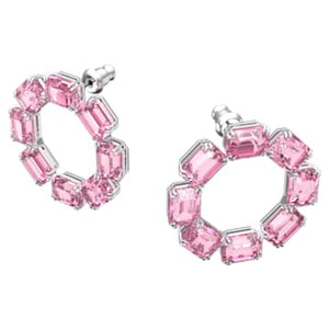 Millenia Hoop Earrings, Octagon Cut Crystals, Pink, Rhodium Plated