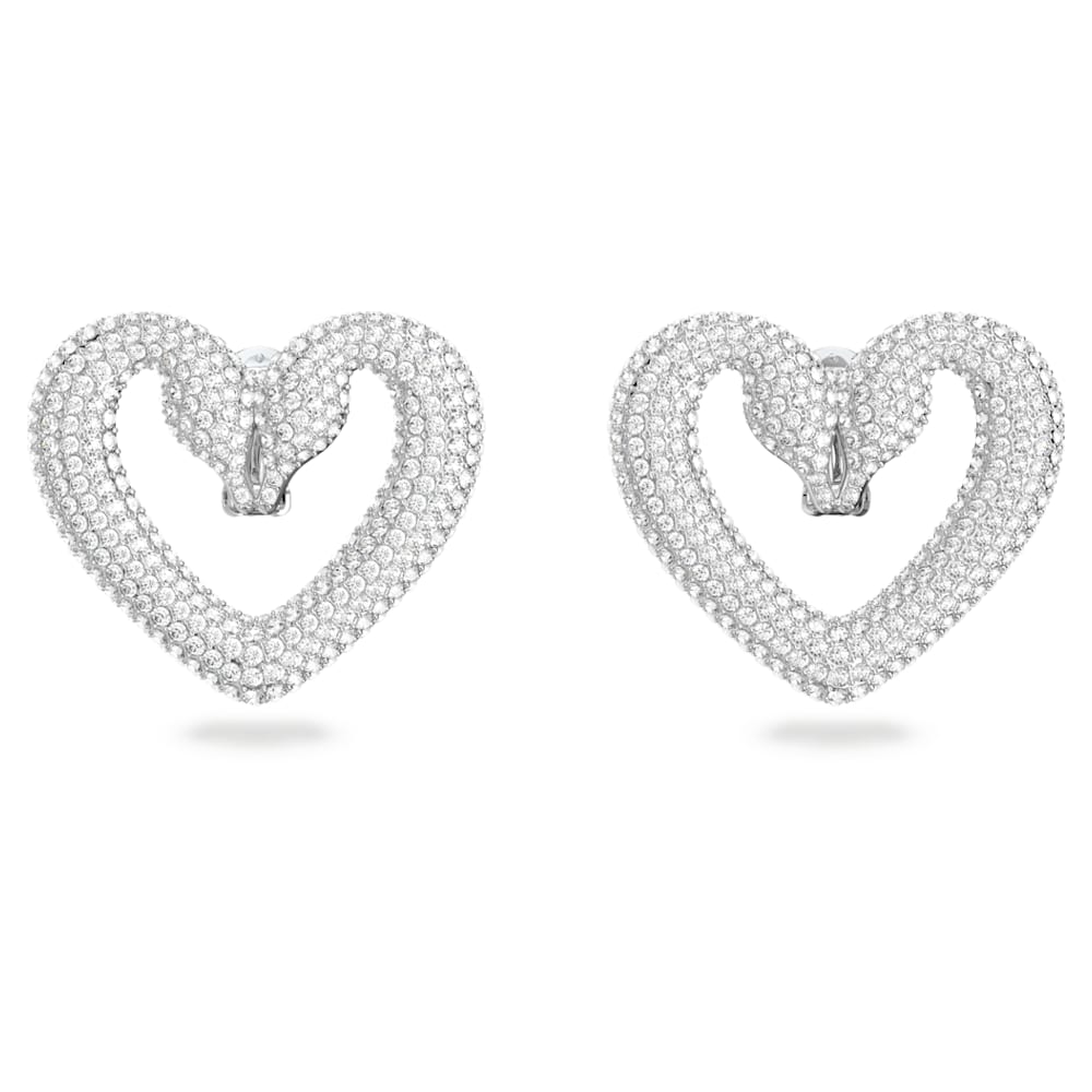 Una Clip Earrings, Heart, Medium, White, Rhodium Plated